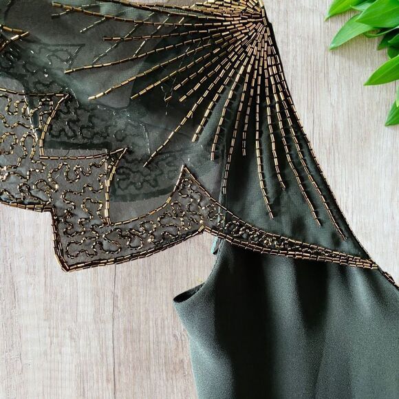 Vintage 60s Black Dress Elegant Beaded Collar Shoulder Drop Waist - Picture 5 of 11